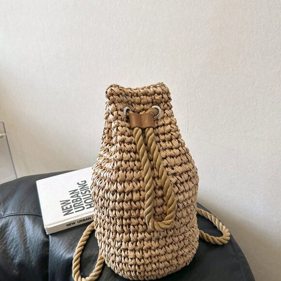 Khaki Casual Women's Foldable Bucket Drawstring Backpack Outdoor - Picture 11 of 11
